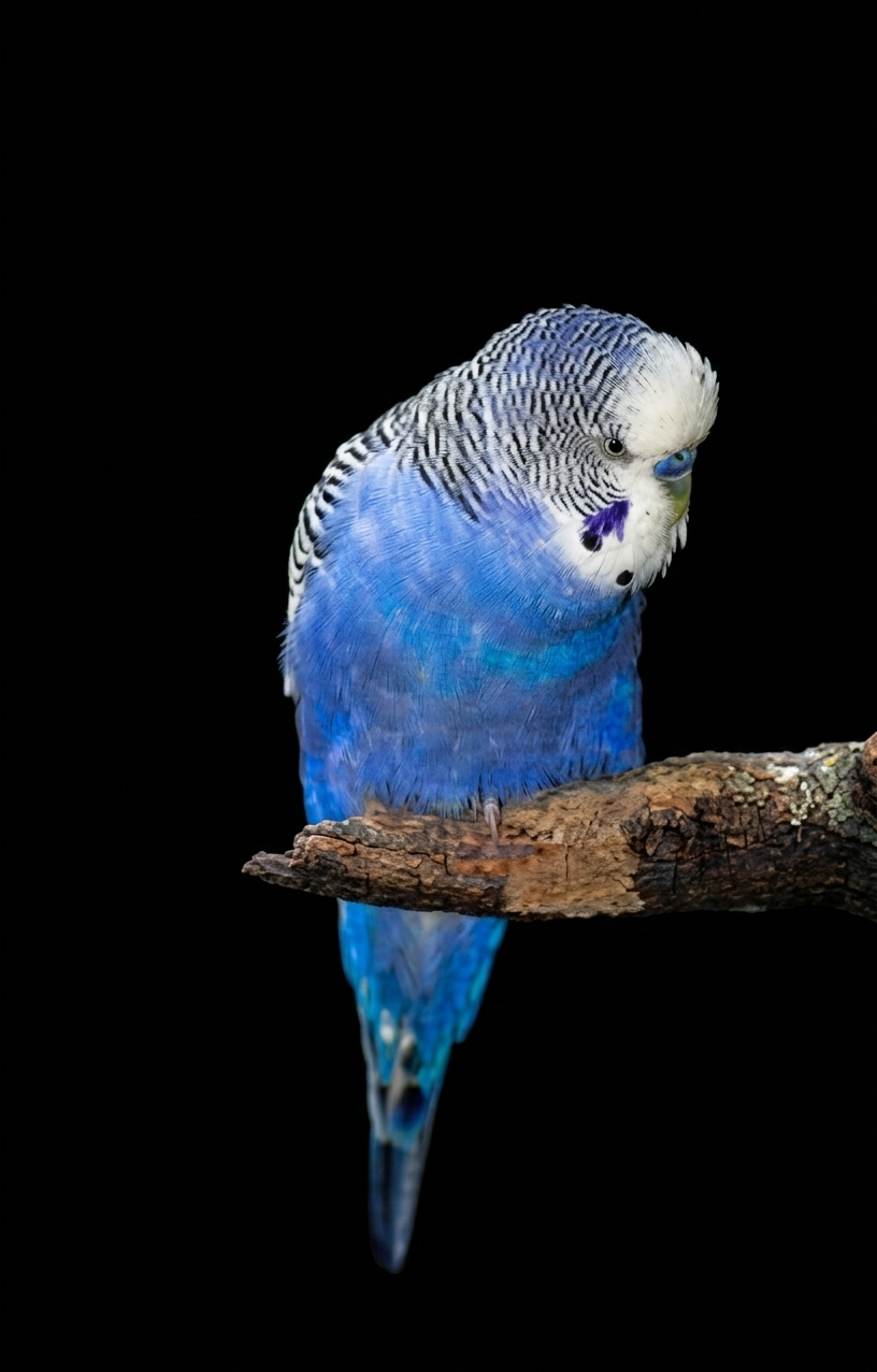 Blue budgerigar perched on a branch with black background looking downward