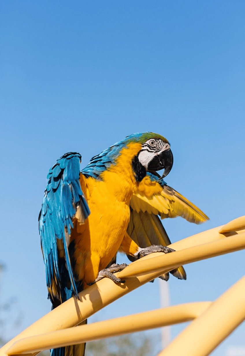 Blue-and-yellow macaw perched on yellow railing with wings partially open against a bright blue sky