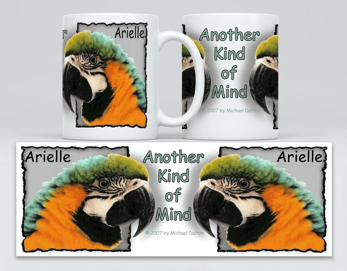 Limited edition ceramic mug featuring Arielle the macaw